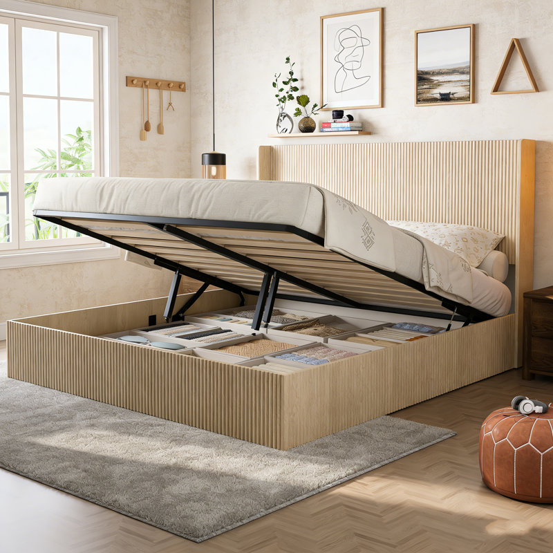 Structure de lit en bois avec rangement à structure ondulée et à structure ondulée de couleur chêne - sans sommier, sans bruit