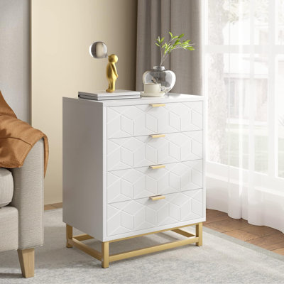 Commode blanche à 4 tiroirs - grands tiroirs, poignées dorées, rangement dans le couloir