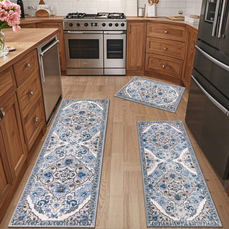 Machine Washable Non-Slip Kitchen Mat, Blue/White