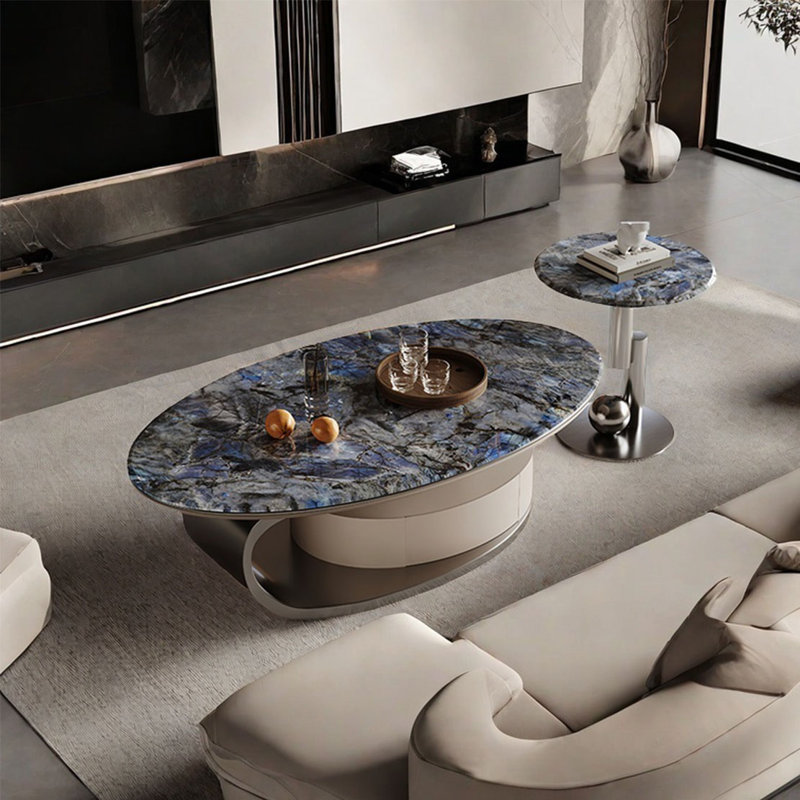 Table basse ovale en pierre supercristalline, H 16,5 po x L 55,1 po x l 31,5 po, Bleu