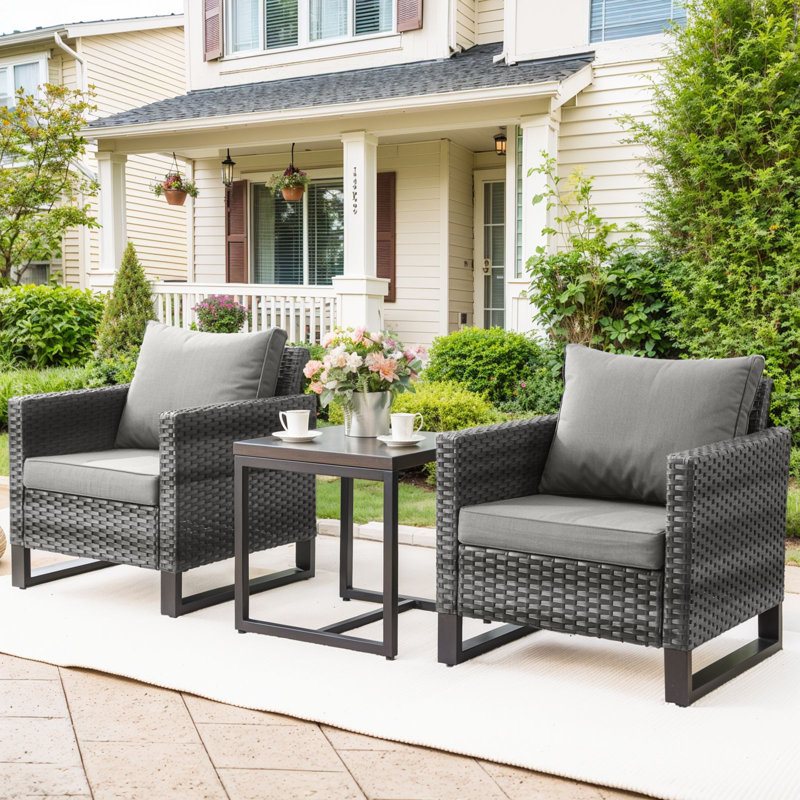 Naresa 3-Piece Wicker Patio Chair Set With Side Table  All-Weather PE Rattan, UV-Resistant Cushions, Gray, Gray