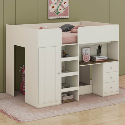 Areez Wood Full Size Loft Bed With Built-In Wardrobe, Desk, Storage Shelves And Drawers by Isabelle & Max