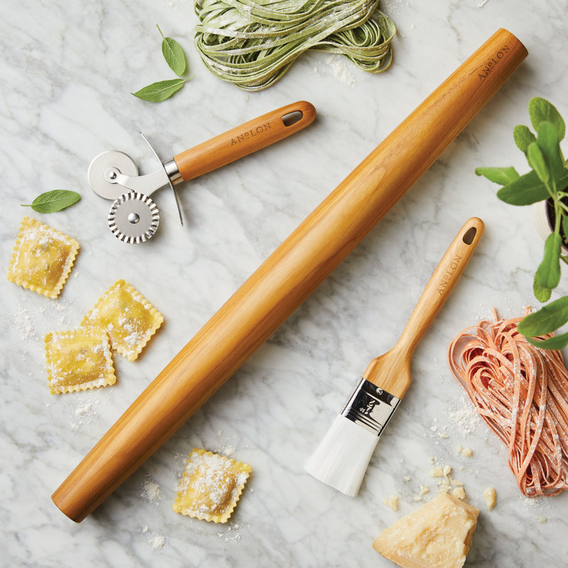 Anolon Tools and Gadgets 3-Piece Prep Set Pastry Wheel Cutter, Pastry Brush, 19" French Rolling Pin