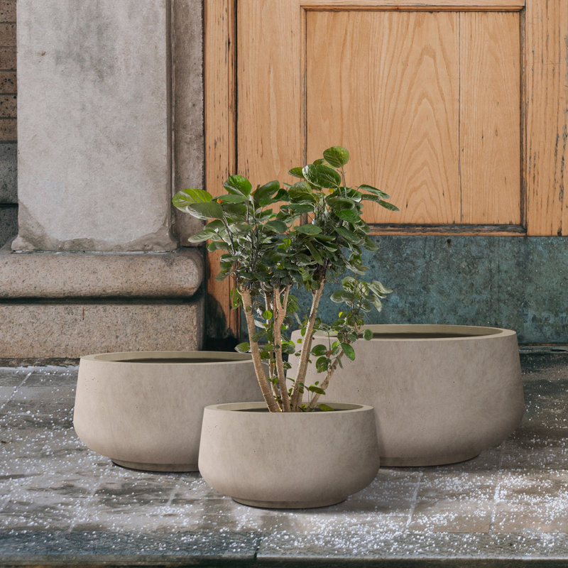 Wurster 3 Piece 21.6", 16.9", and 12.5"W Round Concrete Elegant Planters, Outdoor Indoor Modern Planter Pots, Lightweight, Weather Resistant, Seamless with Drainage Hole Set