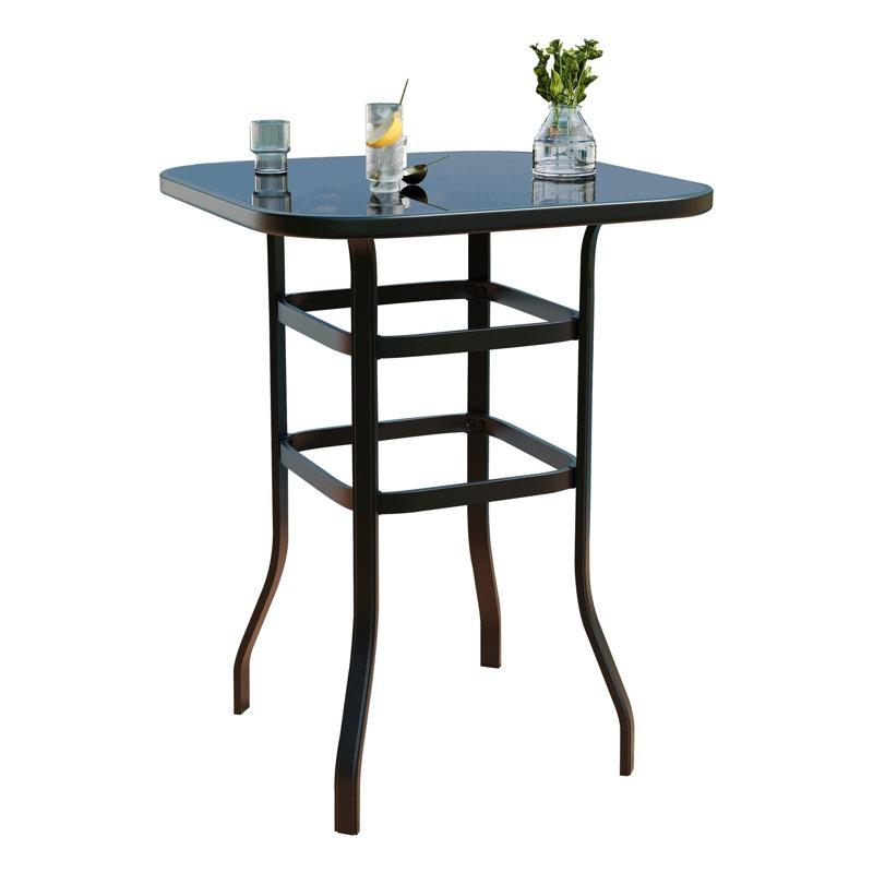 Height Bistro Square Table For Paito, Metal Frame Patio Bar Table Tempered Glass