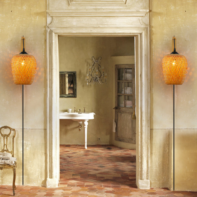 Cordrey Modern Bamboo Plug in Wall Lamp-Farmhouse Handmade Rattan Lamp for Living Room