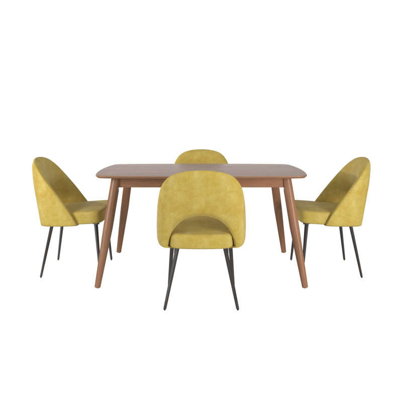 Farias Mid-Century Modern Tapered Dining Set, Faux Leather, 59" Dining Table And 4 Chairs, Dark Walnut, Yellow