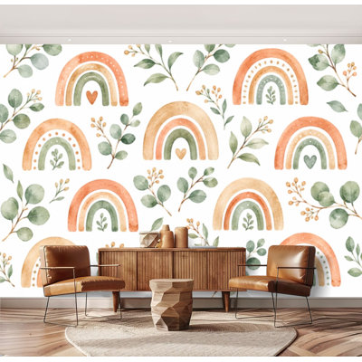 Papier peint adhésif peler et coller aquarelle sans couture, peint à la main, mignon, arc-en-ciel, eucalyptus, papier auto-adhésif amovible, décoration murale pour le salon, chambre à coucher H 69 po x l 96 po