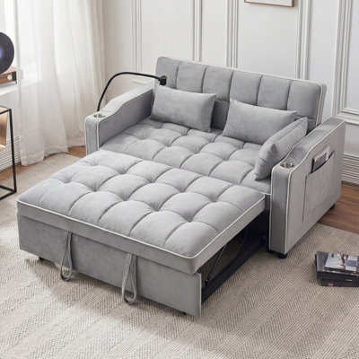 55.5" Velvet Convertible Loveseat Sleeper Sofa With USB Port, Swivel Phone Holder & 2 Pillows - 3-Length Foldable Futon Bed