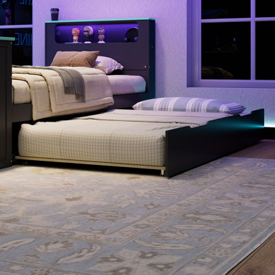 Wood Daybed With Trundle,Desk,LED Light And USB