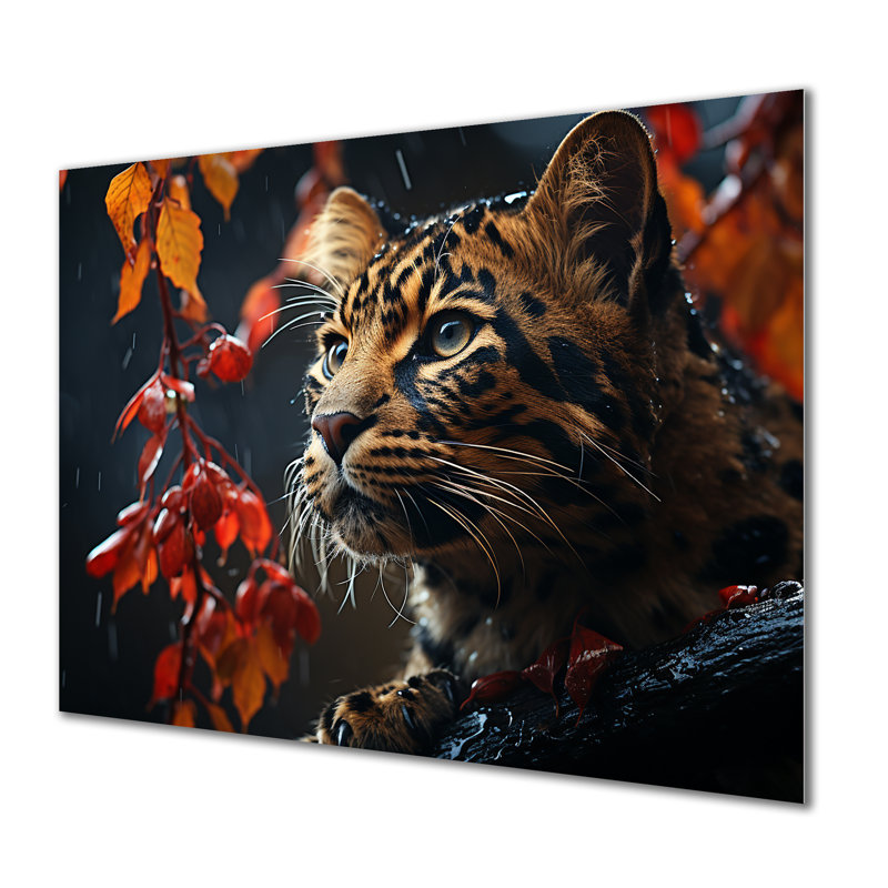 Photo de léopard en automne I - Art mural en métal animal léopard / guépard, H 24 po x l 32 po x P 1 po
