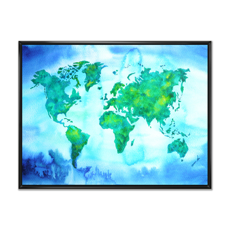 «World Map Blue Green Tone III», reproduction sur toile flottante, H 30 po x l 40 po x P 1,5 po, Cadre flottant noir