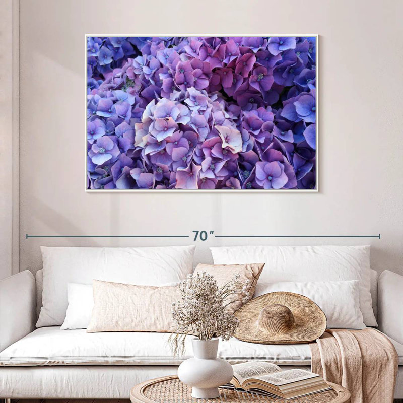 Grappes d'hortensias mauves, Cadre flottant blanc, 25 po x 17 po