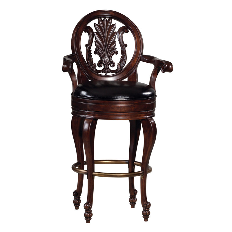 Niagara Black Faux Leather Swivel Bar Stool with Carved Wood Details