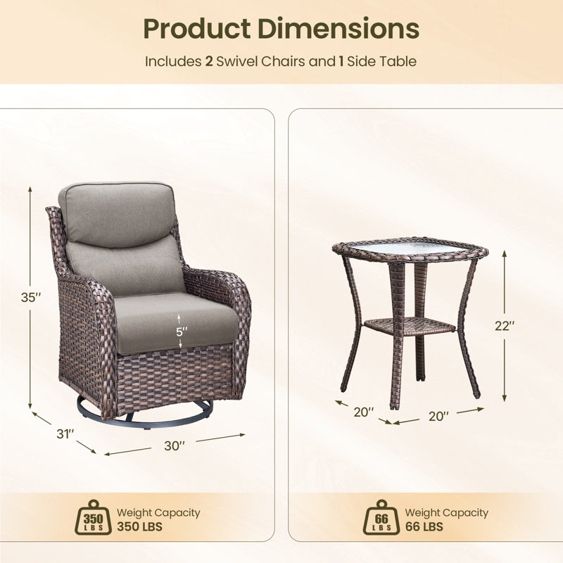 Fauteuil coulissant pivotant en osier avec coussins et table d'appoint Simle, Brun, Gris