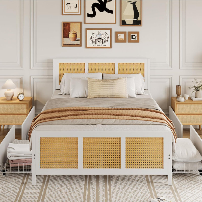 Base de lit plateforme en rotin Boho, double / grand avec tête de lit à DEL 7 couleurs et 4 grands tiroirs de rangement, lattes en métal robuste
