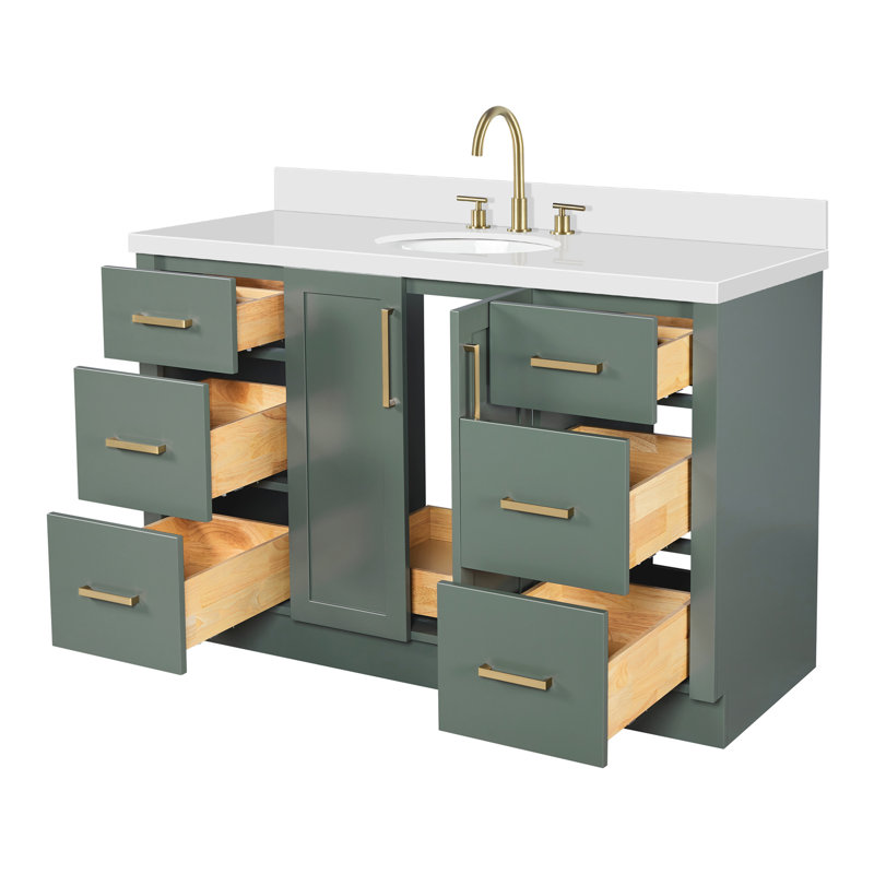 Meuble-lavabo ovale simple de 55 pouces avec comptoir en quartz blanc pur de 1,5 pouce d'épaisseur, fini vert vintage, Ovale