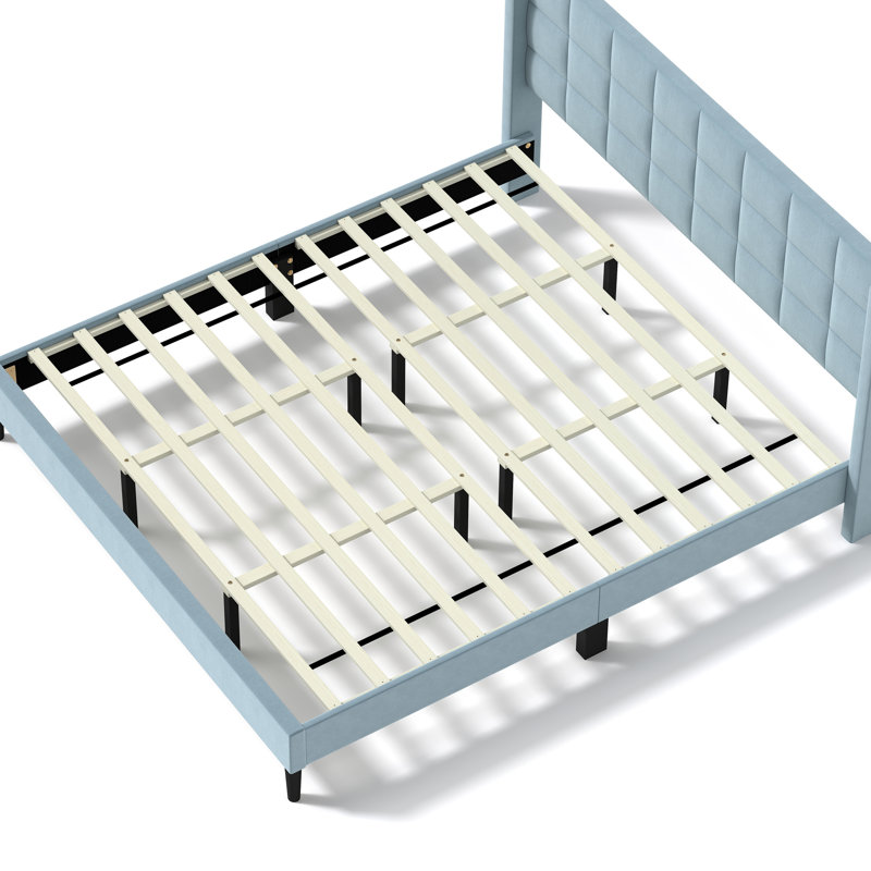 75.9'' W King Size Upholstered Platform Bed with Velvet Fabric & Square Tufted Headboard, Blue, King