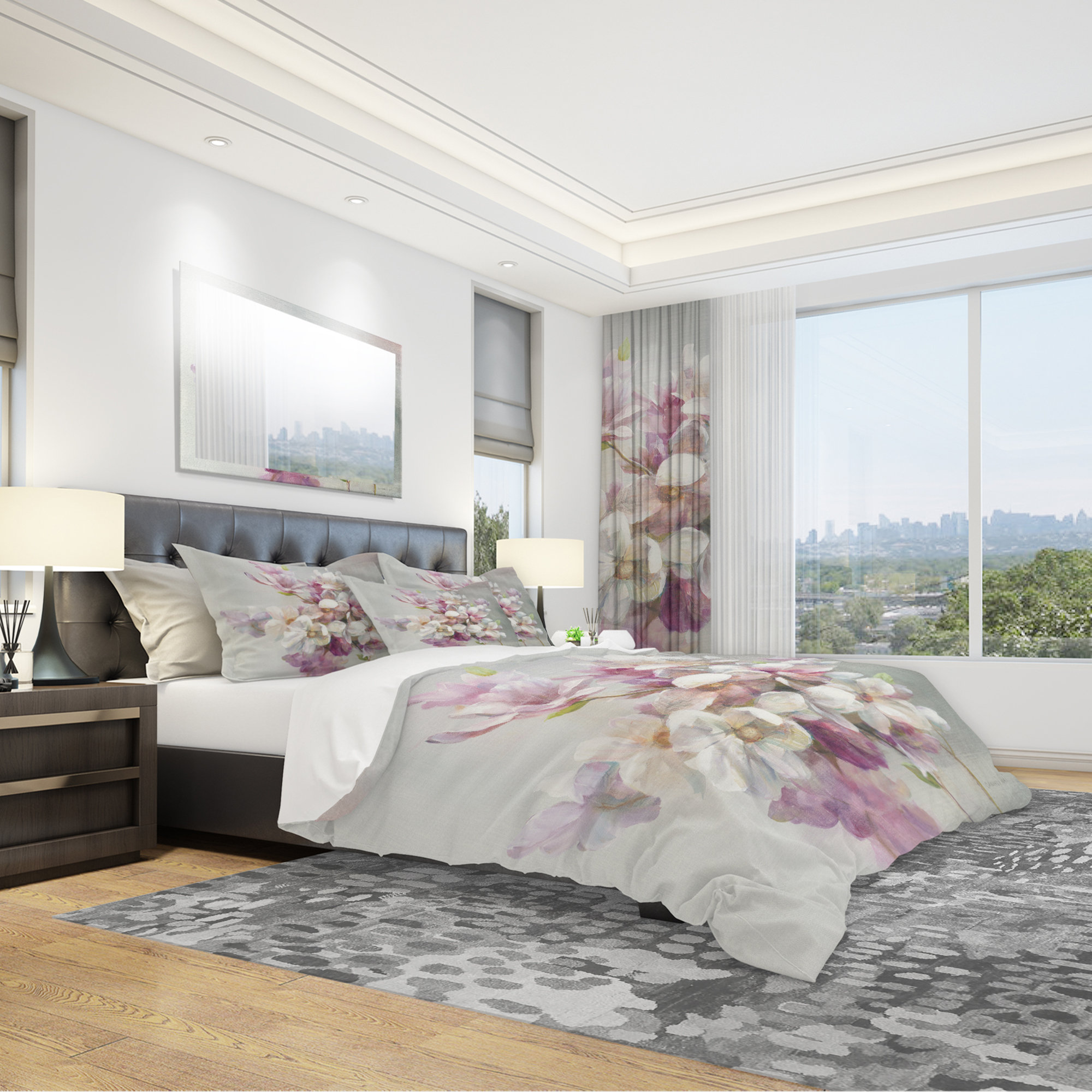 Design Art Fleurs de magnolia roses - Ensemble de housse de couette