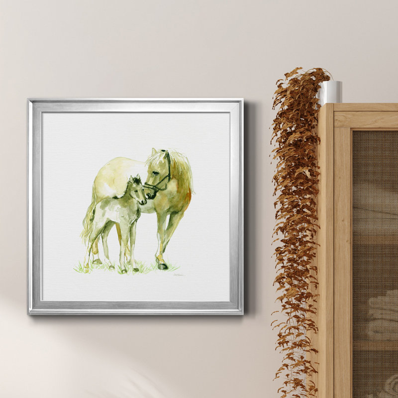 Cheval et poulain - peinture sur toile encadrée, Cadre argenté, H 22,5 po x l 22,5 po x P 1,5 po