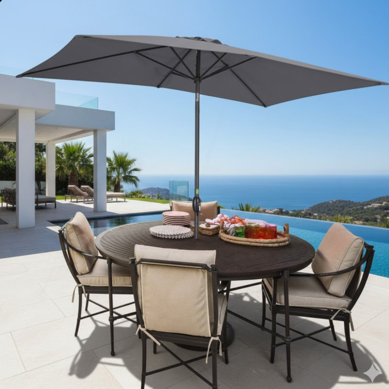 Parasol rectangulaire gris 6,5 x 10 pi avec manivelle, inclinable, toile résistante aux rayons UV pour la piscine, la cour et le patio (sans base)