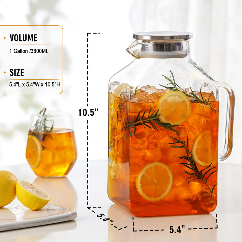 Carafe en verre 1 gallon avec couvercle et bec verseur, carafe en verre borosilicaté pour boissons chaudes / froides, pichets d'eau avec poignée pour réfrigérateur, très grand pichet pour thé glacé, café, jus, boisson