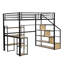 Lit mezzanine double en métal avec escalier, bureau et tablettes, noir