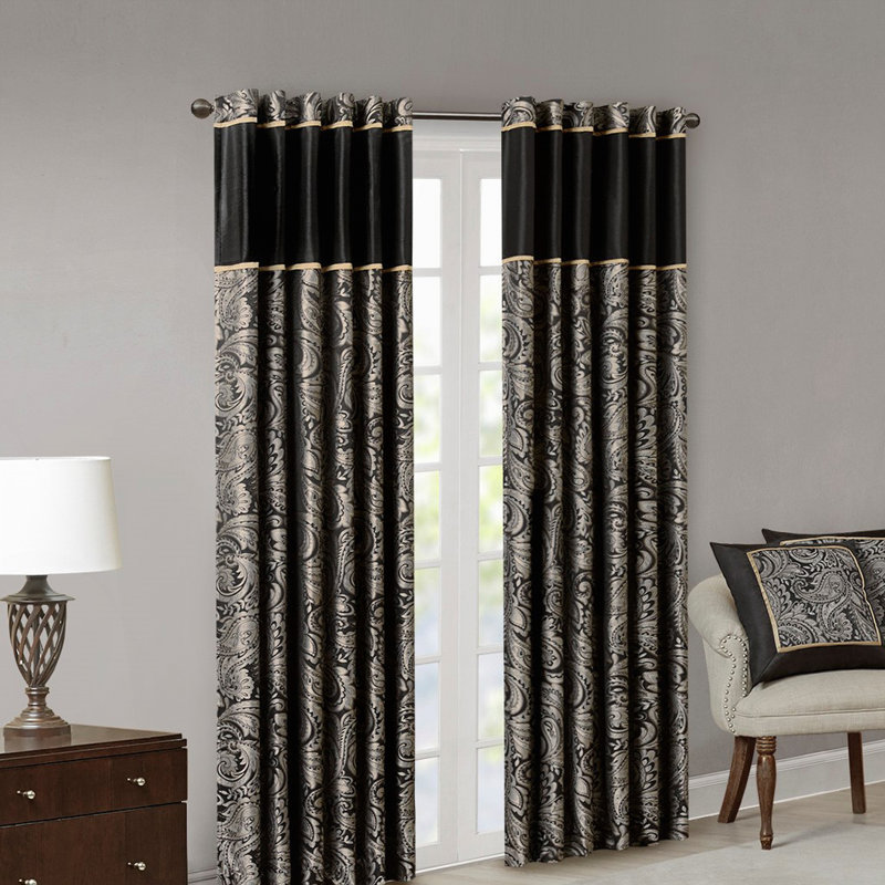 Jacquard Curtain Panel Pair(2 Pcs Window Panels), 50" W x 108" L, Black