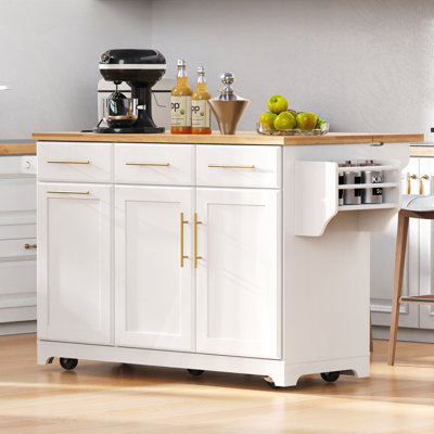 Kitchen Island with Storage 2 Pull Out Cabinet Organizers & Rubber Wood Drop Leaf