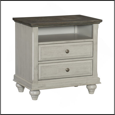 Classic Light Gray Finish 1Pc Nightstand With 2X Drawers And Storage Cubby Dark Brown Top Modern Farmhouse Design Bedroom Furniture Side Table