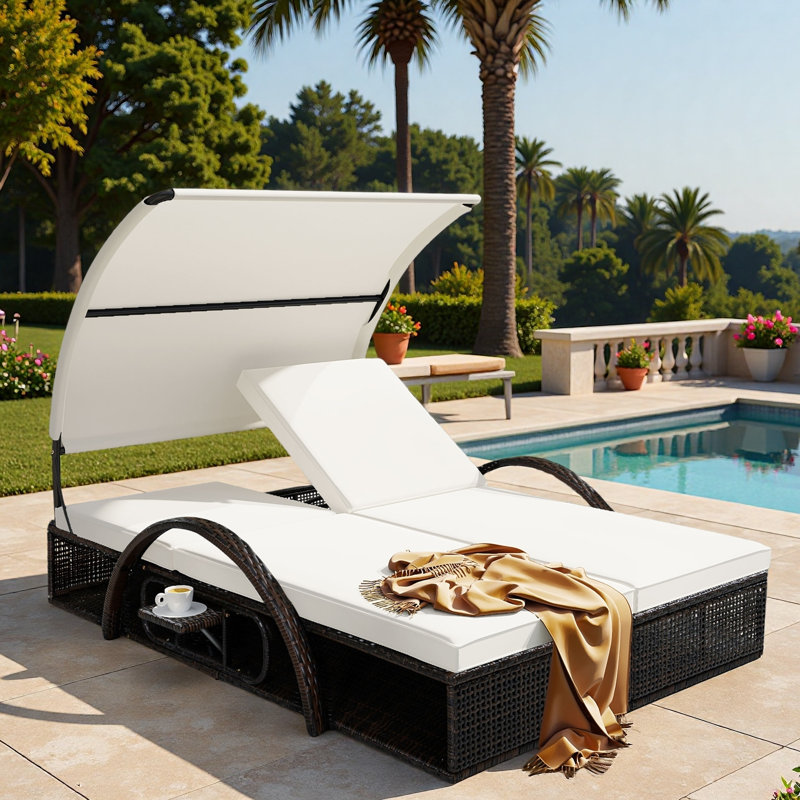 Outdoor Steel Frame Sun Lounger With Curved Sun Canopy, Adjustable Backrest, Hidden Side Table And Arched Armrests, Beige