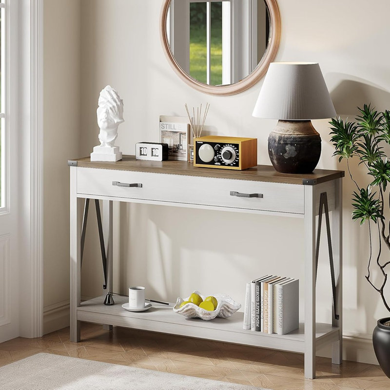 Console 47 po avec tiroir et tablette de rangement, blanc / brun