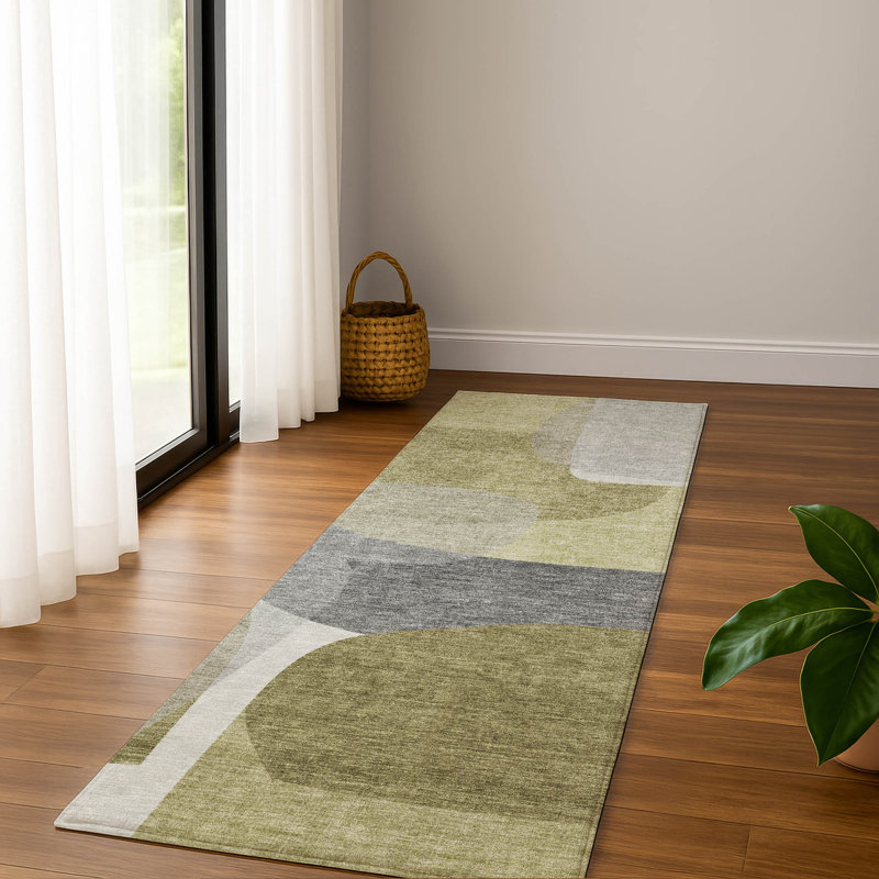 Premium Machine Washable Mayfield AMF2121 Blocks Rug, 2'3" x 7'6" Runner, Fern