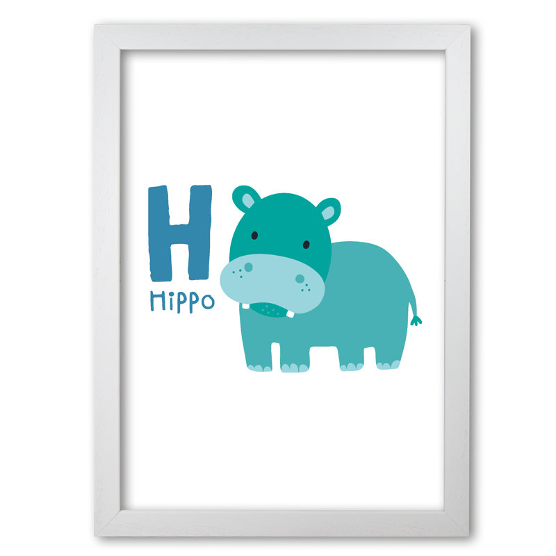 Alphabet Animals, H Is For Hippo - Single Picture Frame Print, 42 cm H x 30 cm W x 5 cm D, White Grain Frame