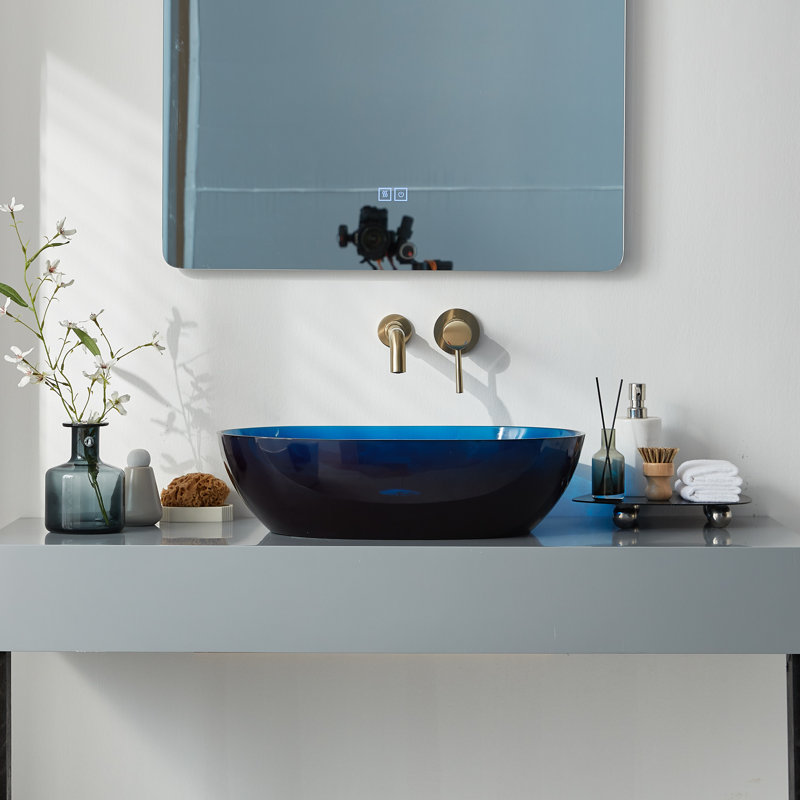 Lavabo de salle de bain vasque ovale en résine transparente 22 po x 15 po Pensen, Bleu