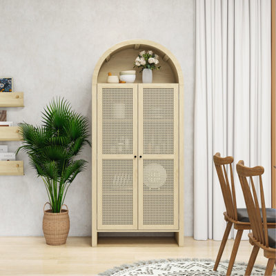 Tall Arched Kitchen Pantry, Arched Storage Display Cabinet With 2 Adjustable Shelves, Rattan Door Versatile Storage Cabinet For Kitchen, Dining Room, Living Room