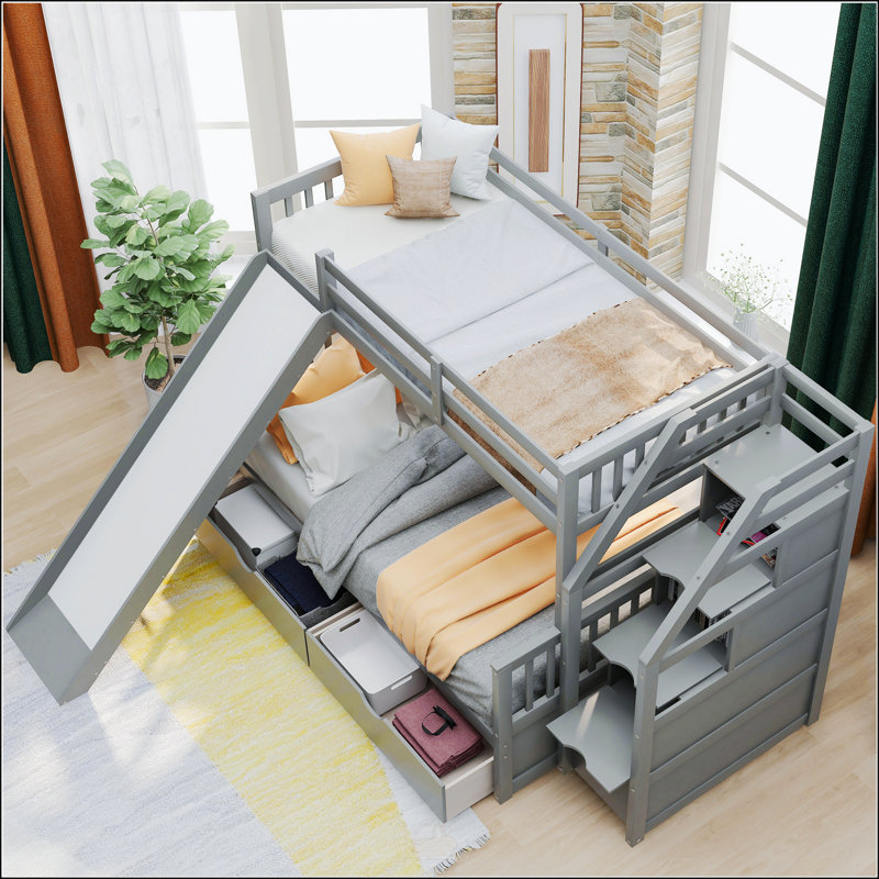 Lit simple superposé au dessus d'un lit double avec tiroirs, Gris