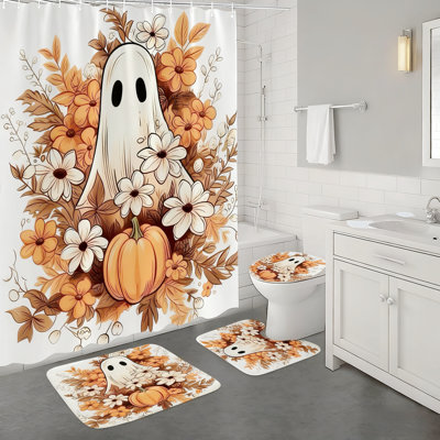 Ensemble de rideau de douche 4 pièces Halloween - Fantôme et citrouille - motif floral d'automne
