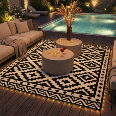 Reversible Outdoor Rug Carpet, 10' x 8' Waterproof PP Plastic Straw Rug, Portable RV Camping Mat with LED String Lights, Floor Mat Area, Black and White