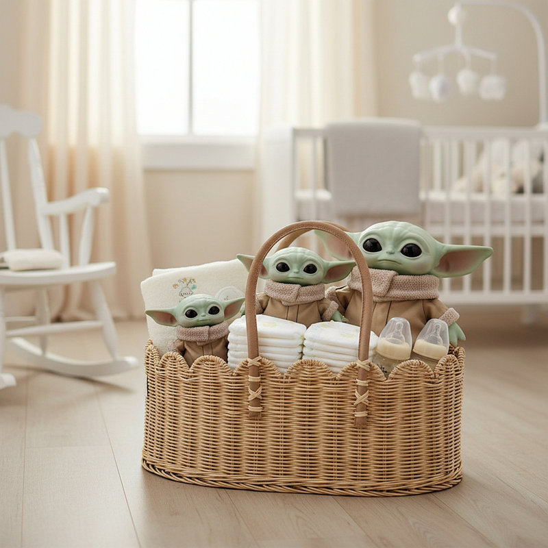 Organisateur de couches pour bébé en rotin, conception festonnée 16 x 11 pouces avec cloison amovible, panier de rangement neutre pour les enfants