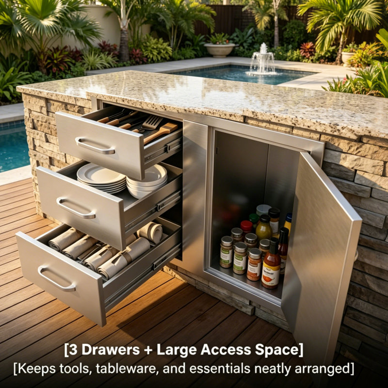 Armoire combinée à 3 tiroirs et grande porte pour barbecue pour l'extérieur de l'îlot de cuisine pour l'extérieur