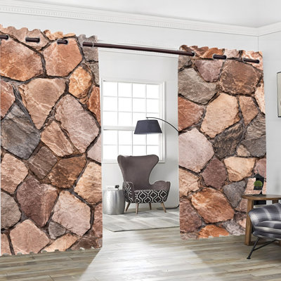 2Pcs Grommet Stacked Stone Texture Blackout Curtains, Realistic Stacked Stone Wall Print Drapes, Thermal Insulated Heat Blocking, Noise Reducing & Privacy Protection, Room Darkening Window Treatments for Bedroom, Living Room, Kitchen Indoor