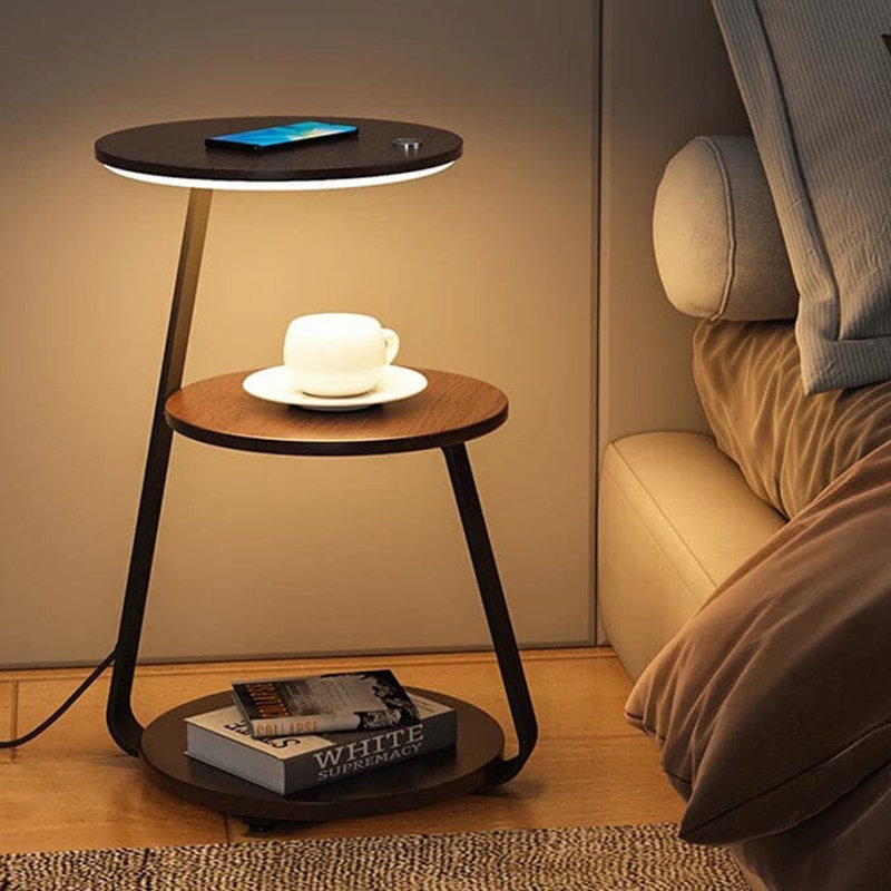 Nightstand with Charging Station and LED Lights, Walnut