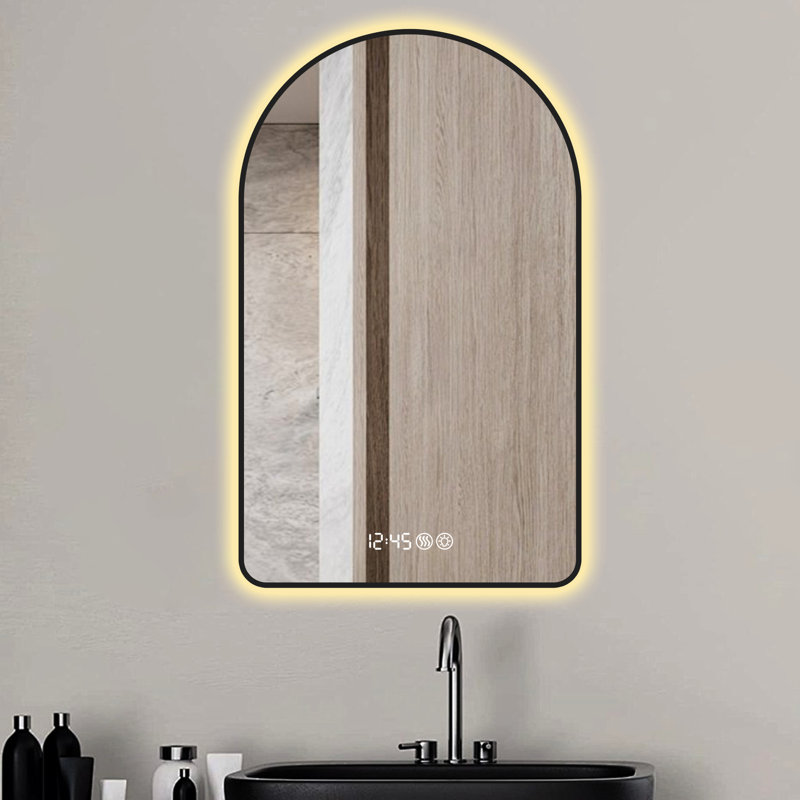 Miroir de salle de bain arqué à DEL 32 po x 60 po, indicateur de temps et de température, rétroéclairé, brouillard, gradation 3 couleurs, cadre noir pour lavabo moderne 32 po x 60 po avec température, rétroéclairage, brouillard, éclairage à intensité variable