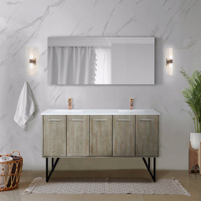 Double Basin Bathroom Vanity 60" Wide X 20" Deep, White Quartz Top And Rose Gold Faucet Set