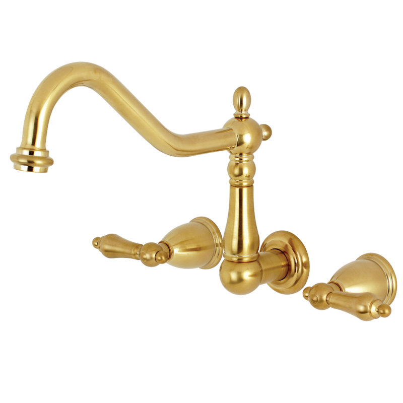 Kingston Brass Heritage Double-Handle 3-Hole Wall-Mount Kitchen Faucet, Satin Brass