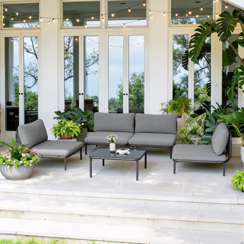 Canapé modulaire d'extérieur en métal pour 4 personnes, Coussin gris / cadre noir