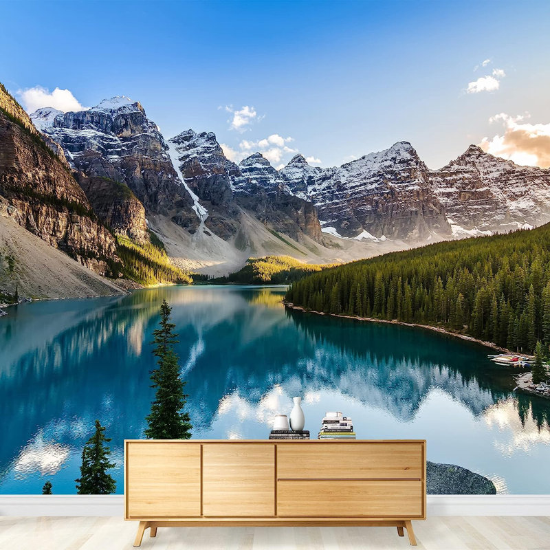 Vue de paysage de lac Moraine et chaîne de montagnes au coucher du soleil dans les montagnes Rocheuses canadiennes, peinture murale