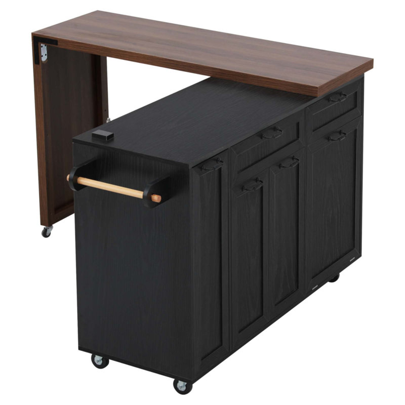 Îlot de cuisine 102,3 po avec table de salle à manger extensible, chariot d'îlot roulant avec armoire de rangement, Noir