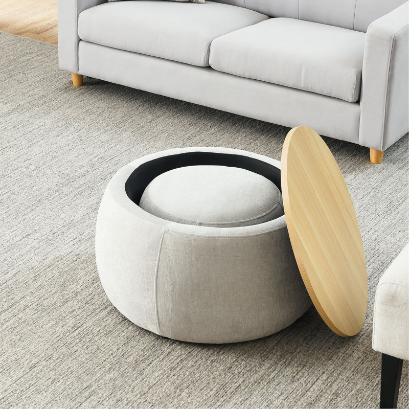 Round Storage Ottoman, 2 In 1 Function, Work As End Table And Ottoman,With Small Seat（ONLY OTTOMAN), Light Gray